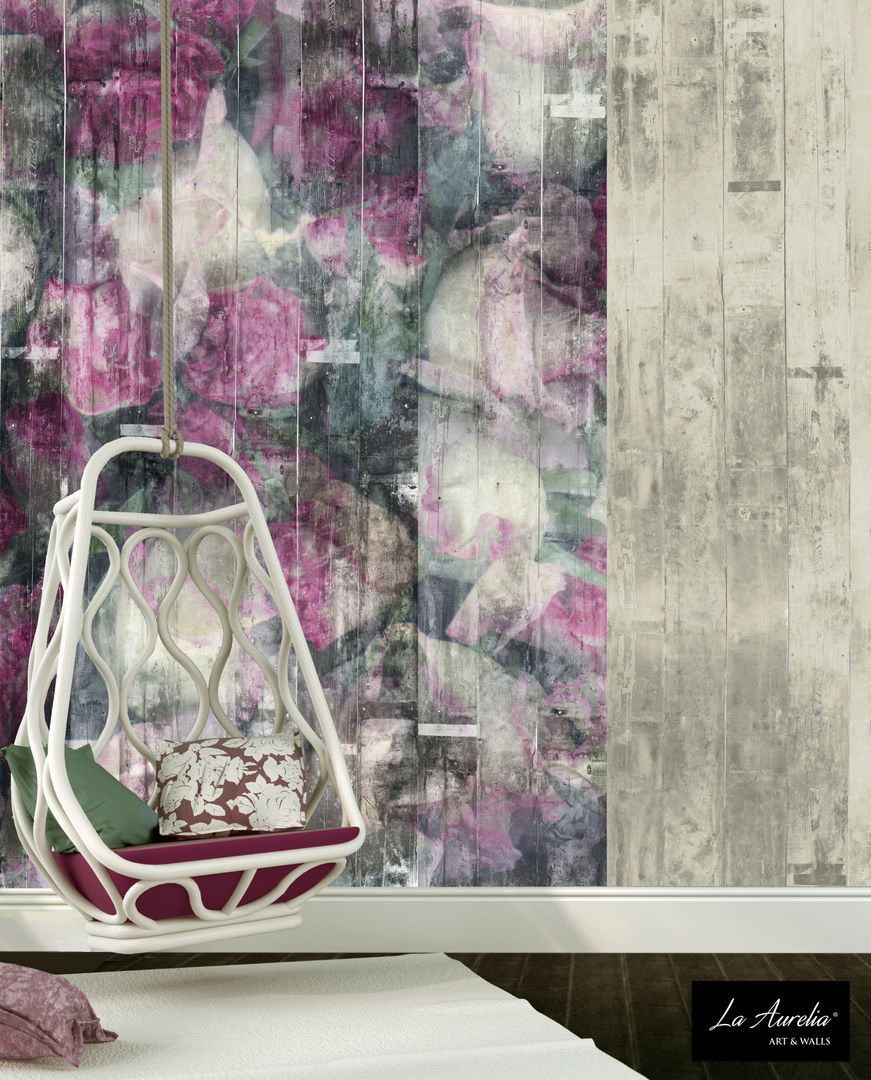 'Rosary' Wallpaper La Aurelia Rustieke muren & vloeren behang,behangvoorstelling,kunst op behang,hout,sloophout,rozen,bloemen,roze,wit,romantisch,slaapkamer,,'