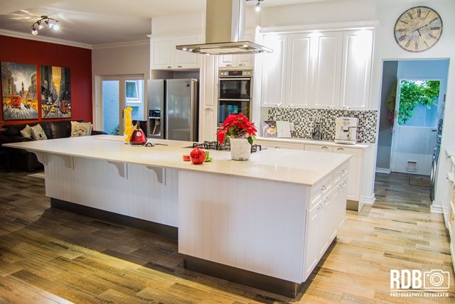 Modern French Provincial Kitchen Ergo Designer Kitchens & Cabinetry Kitchen MDF Modern,French Provincial,open plan kitchen,White Duco,Shaker cabinets,crown molding,ProQuartz countertops,appliances,Butler sink