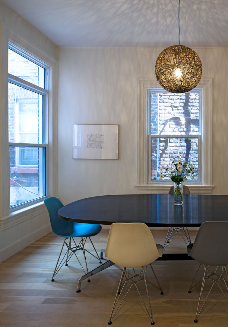 Dining Room STUDIO Z Scandinavian style dining room colorful dining chairs,hardwood flooring,Eames chairs,Eames table,dark wood table,pendant light,'