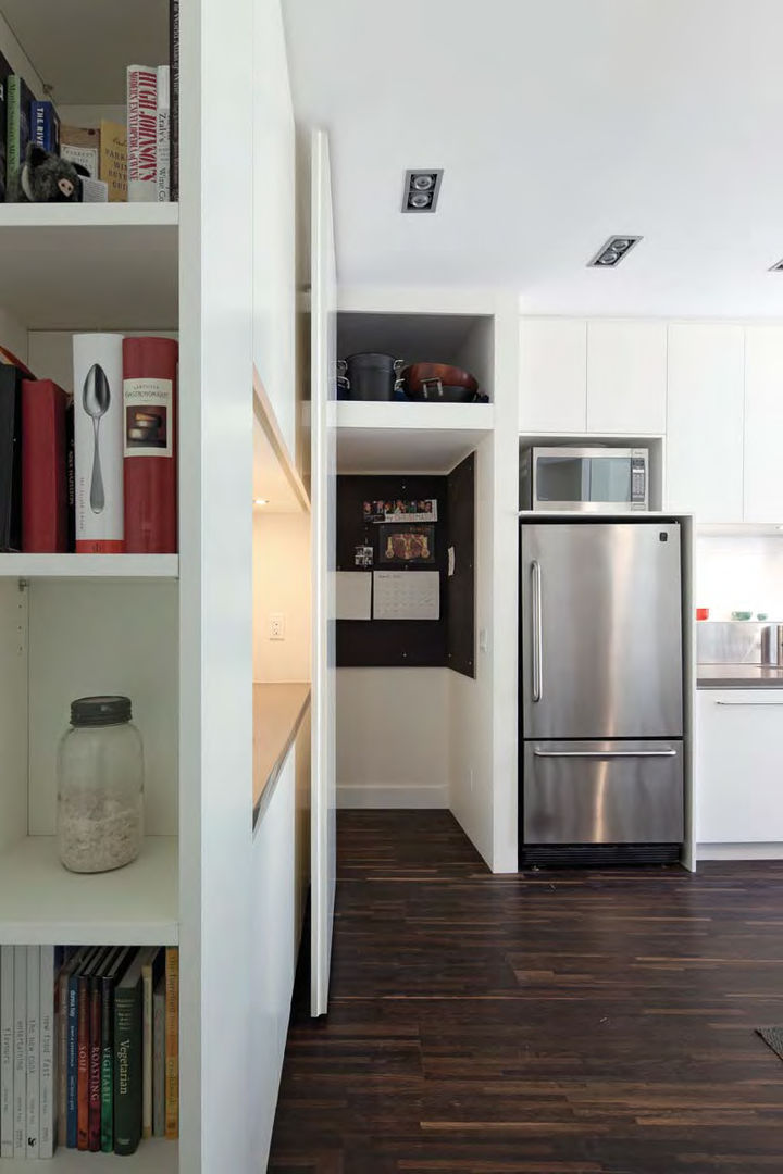 Custom Hidden Door to basement STUDIO Z Modern kitchen bulletin board,custom millwork,white kitchen,white subway tiles,open shelves,stainless steel appliances,'