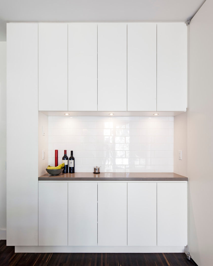 Coffee Bar STUDIO Z Modern kitchen bulletin board,custom millwork,white kitchen,white subway tiles,open shelves,stainless steel appliances,'