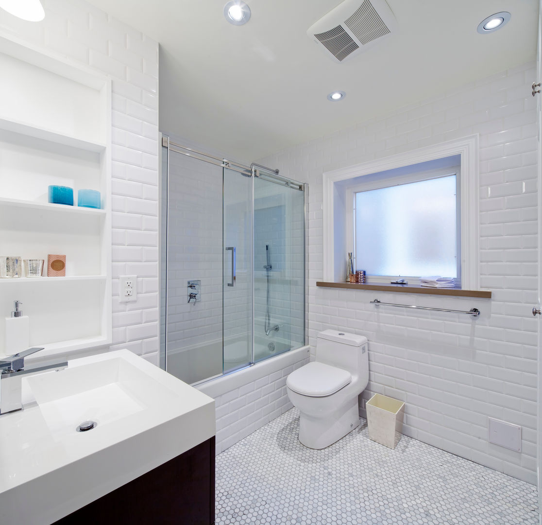 Bathroom STUDIO Z Modern bathroom stacked laundry,frosted glass,heated floor,marble hex ties,laundry counter,marble mosaic tiles,laundry room