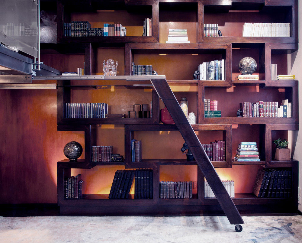 Brooklyn Loft - Custom Bookcase Joe Ginsberg Design Modern Study Room and Home Office loft NY,interior design NY,custom bookcase,loft design,custom interiors,loft,living room,modern interiors