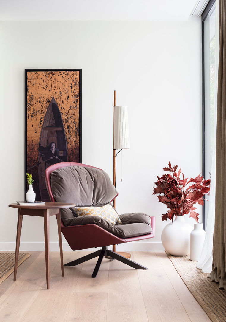 Modern New Home in Hampstead - Reading corner Black and Milk | Interior Design | London غرفة المعيشة armchair,floor lamp,side table,walnut,art,Sofas & armchairs