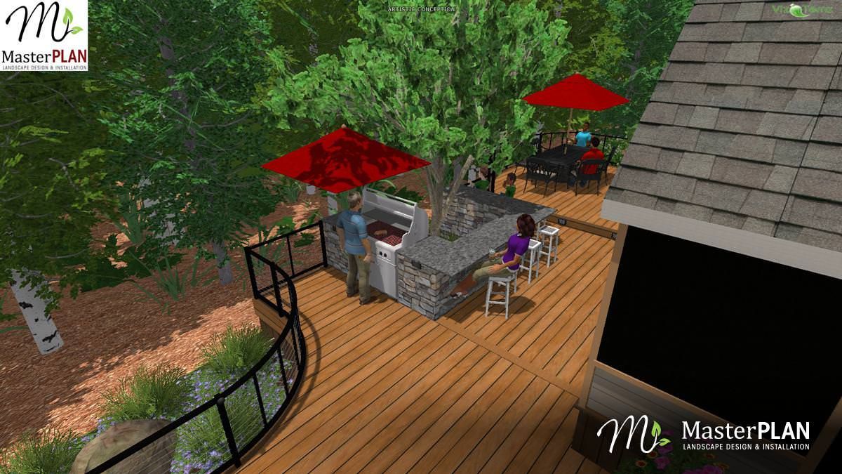 3D Rendering MasterPLAN Outdoor Living landscape design,landscape designer,design build,custom,3D,deck,kitchen,outdoor kitchen,dining,entertaining