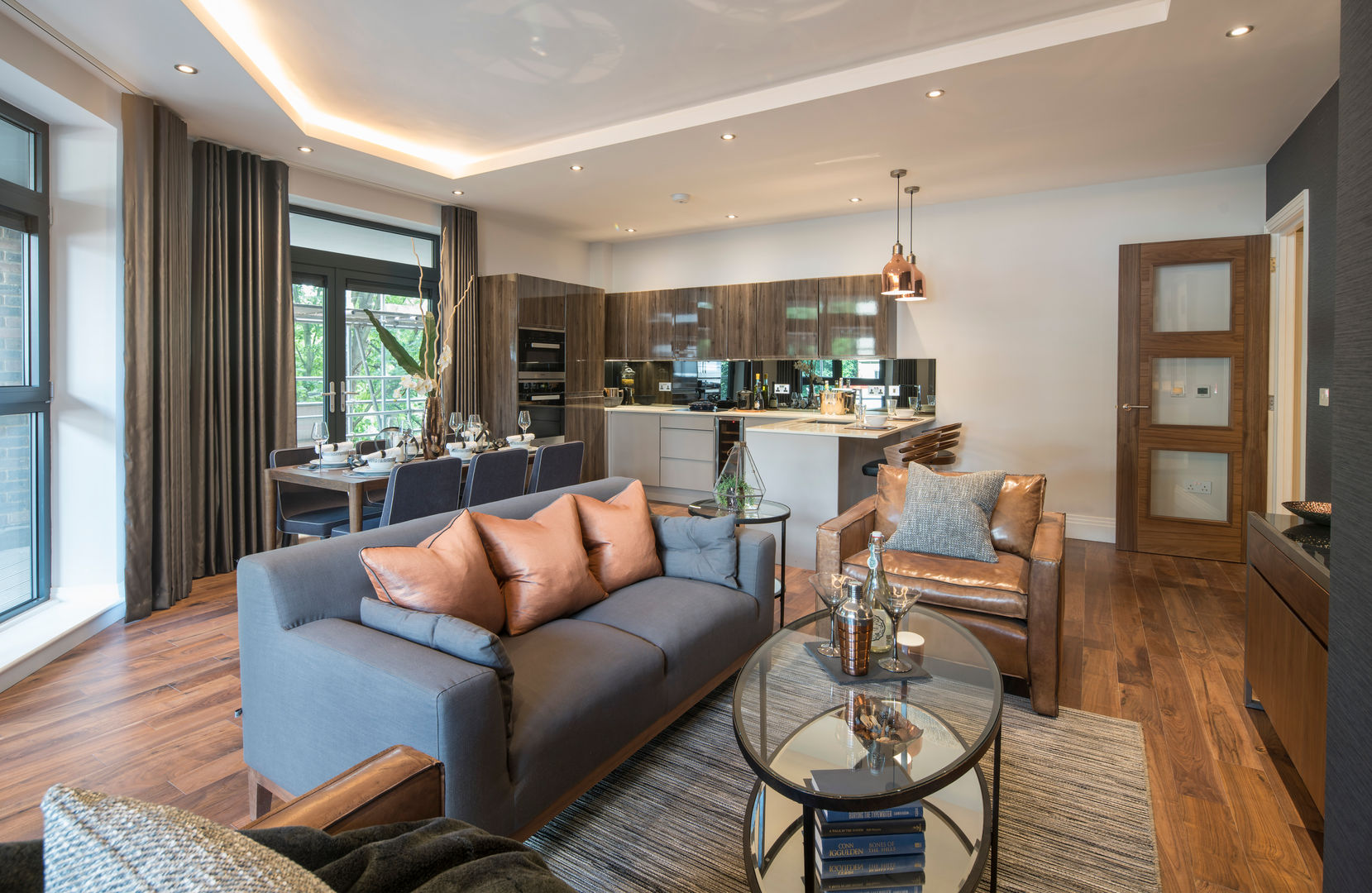 Musewll Hill, London Jigsaw Interior Architecture & Design Salones eclécticos Cobre/Bronce/Latón living room,open-plan,copper,brass,beige,brown,luxury,show home,jigsaw interiors,grey,sofa,warm