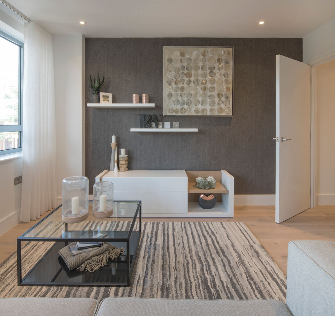 Station Rd, New Barnet Jigsaw Interior Architecture & Design Гостиная в стиле модерн living room,open plan,london,small space,show home,rug,wall decoration,glass top table,white walls,jigsaw interiors