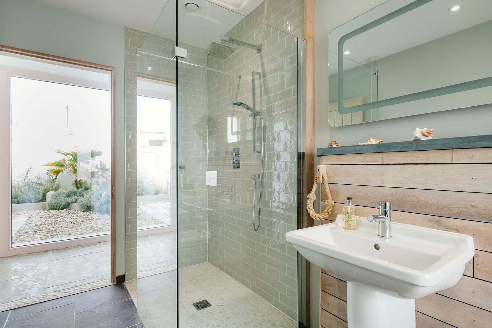 Treasure House, Polzeath | Cornwall, Perfect Stays Perfect Stays Rustic style bathroom walk-in shower,Glass screen,rustic wood,tiles,bathroom,wall hung,wet room,holiday home,beach home.