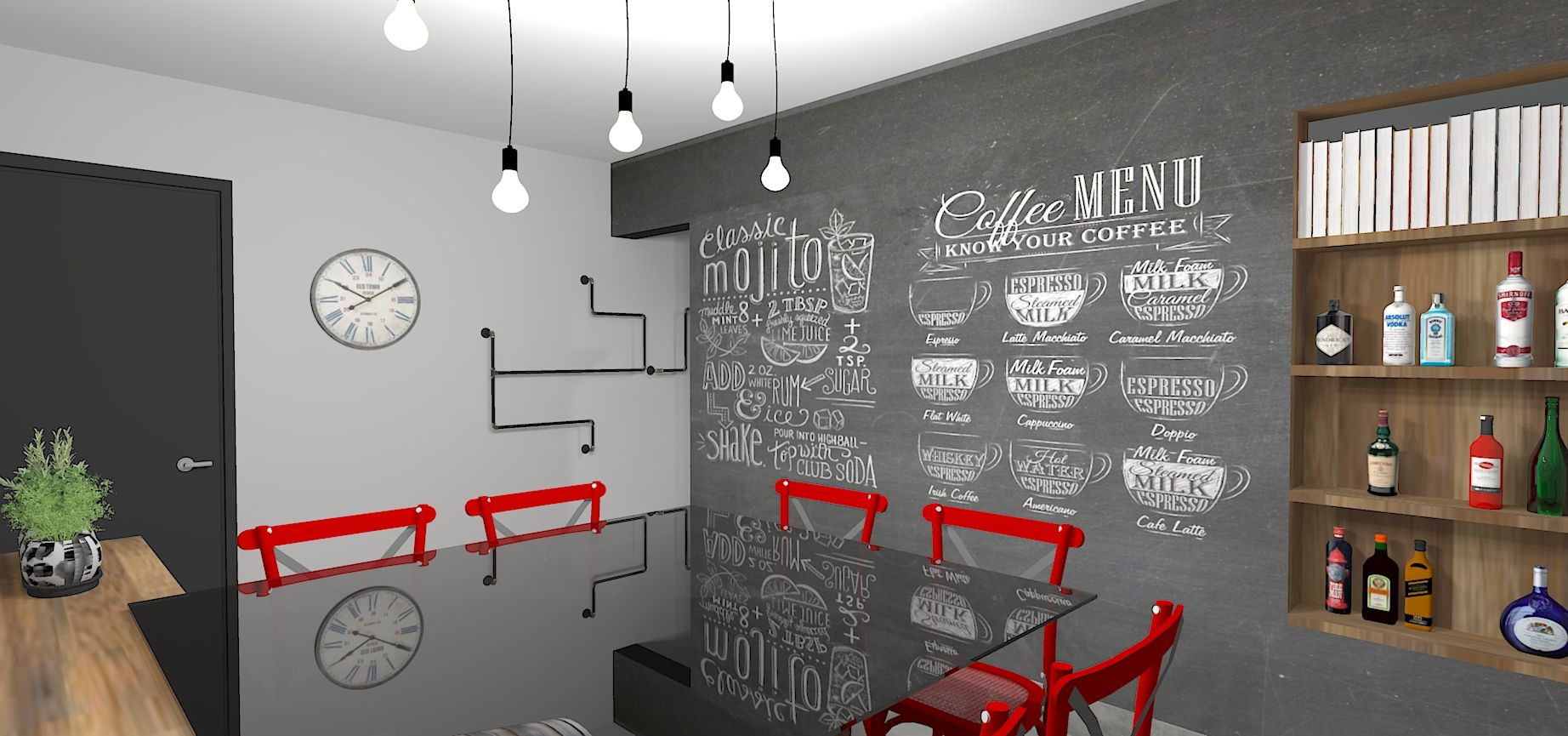 Sala de Jantar homify Salas de jantar industriais canos,lâmpada de bulbo,giz,wall chalk,tecnocimento,cadeira vermelha,vintage,retrô,Casa Container,render,bulb lamp