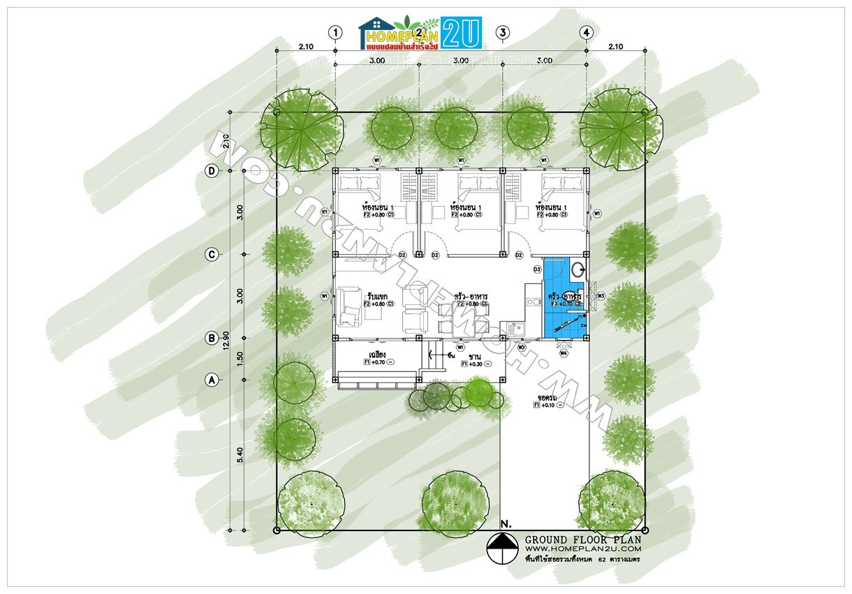 แบบบ้านชั้นเดียว HPS102A, แบบแปลนบ้านสำเร็จรูป แบบแปลนบ้านสำเร็จรูป