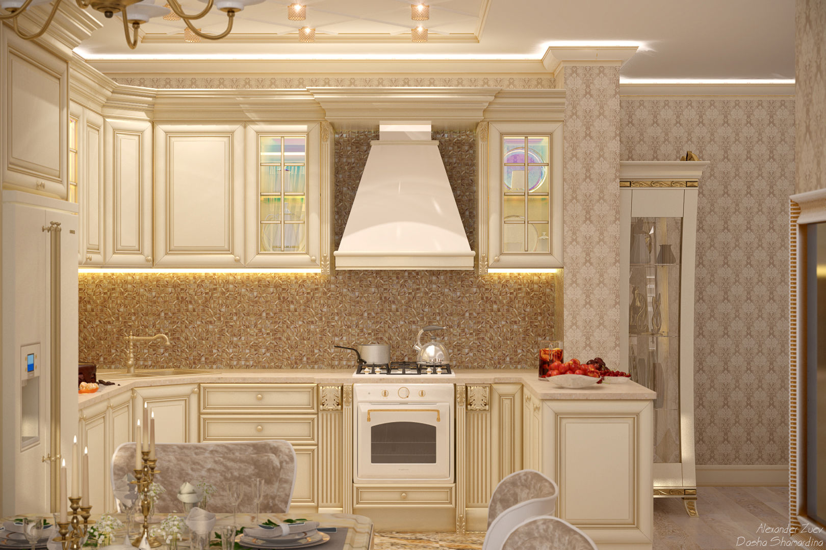 Дизайн кухни-гостиной в классическом стиле в квартире в ЖК "Ливанский дом", г.Краснодар, Студия интерьерного дизайна happy.design Студия интерьерного дизайна happy.design مطبخ