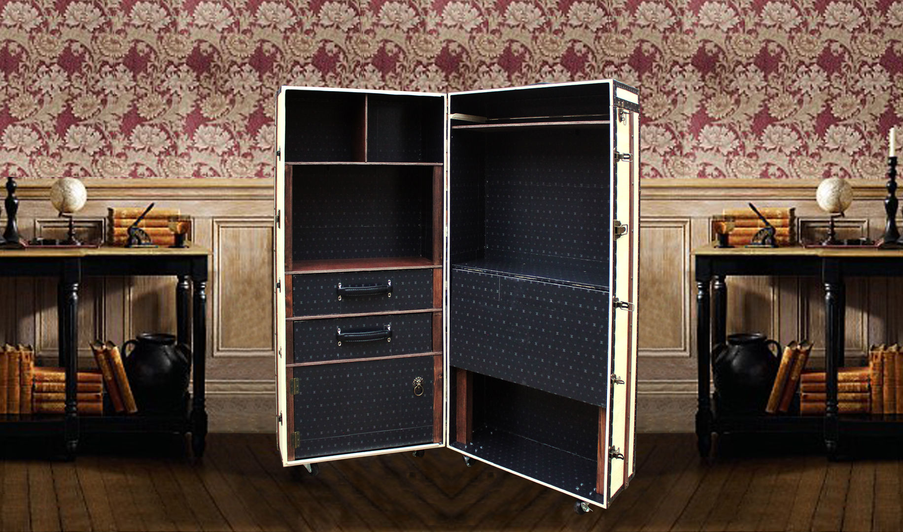 MadeToOrder - Unique DESK BOOKCASE CABINET Vintage style Luxury Furniture Wardrobe Office Steamer Trunk Storage: Fitzgerald AM Florence 클래식스타일 서재 / 사무실 우드 우드 그레인 찬장 & 선반
