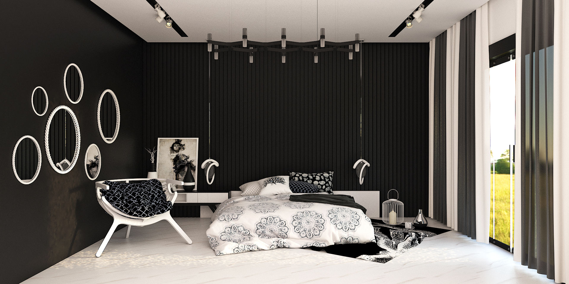 black and white bedroom, KARU AN ARTIST KARU AN ARTIST Modern style bedroom Property,Building,Furniture,White,Comfort,Black,Textile,Wood,Interior design,Curtain