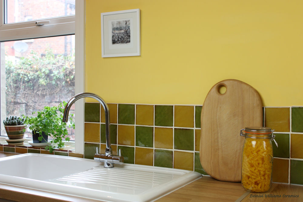 Green & Yellow Wall Tiles | Traditional Range Deiniol Williams Ceramics Walls سرامک tile,handmade,traditional kitchen,country,green,yellow,terracotta,earthenware