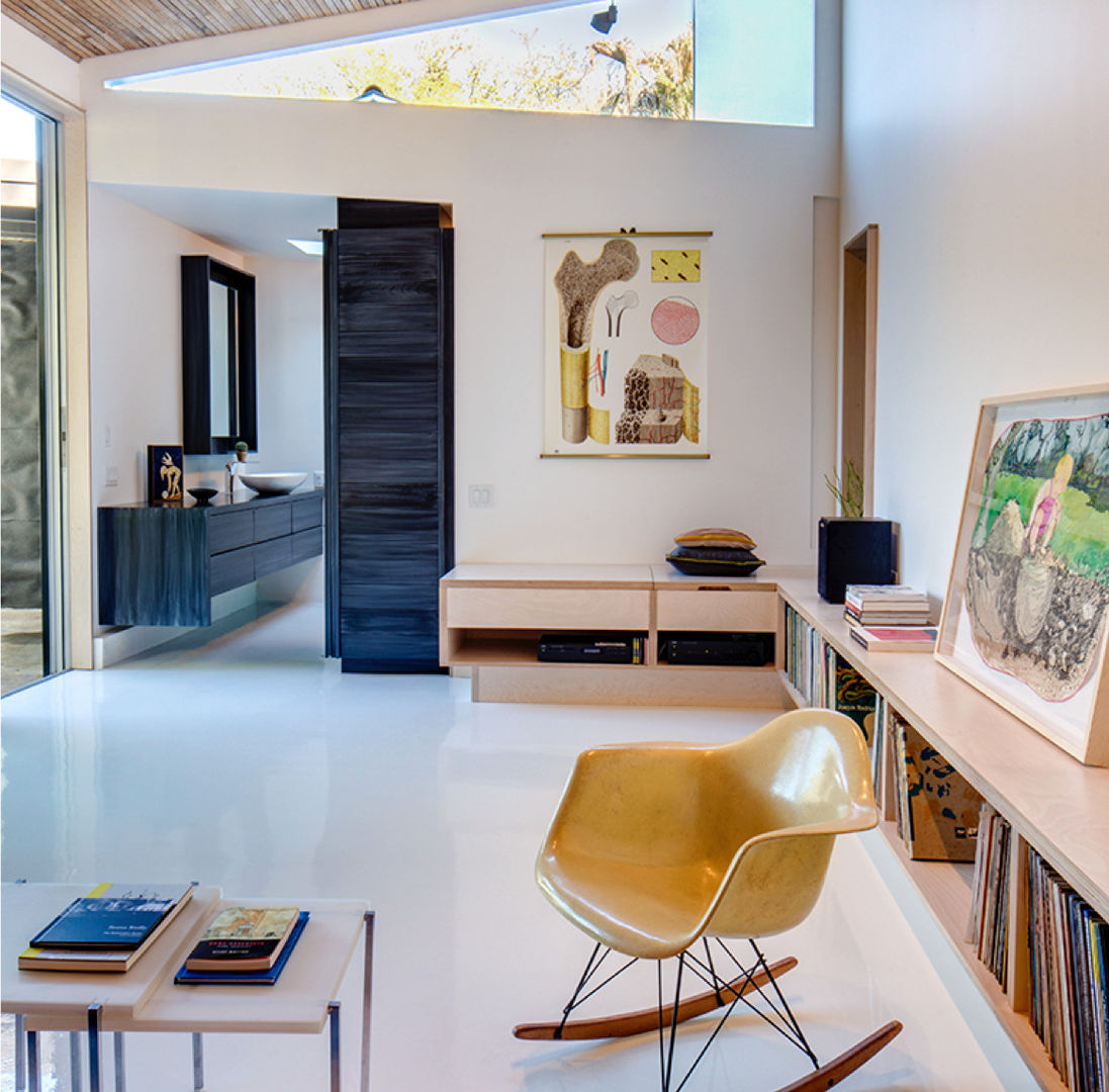 Studio Retreat, New Orleans studioWTA Media room skylight,sandblasting,cypress,clear birch plywood,turntable storage,LP storage,studioWTA,Wayne Troyer,Tracie Ashe