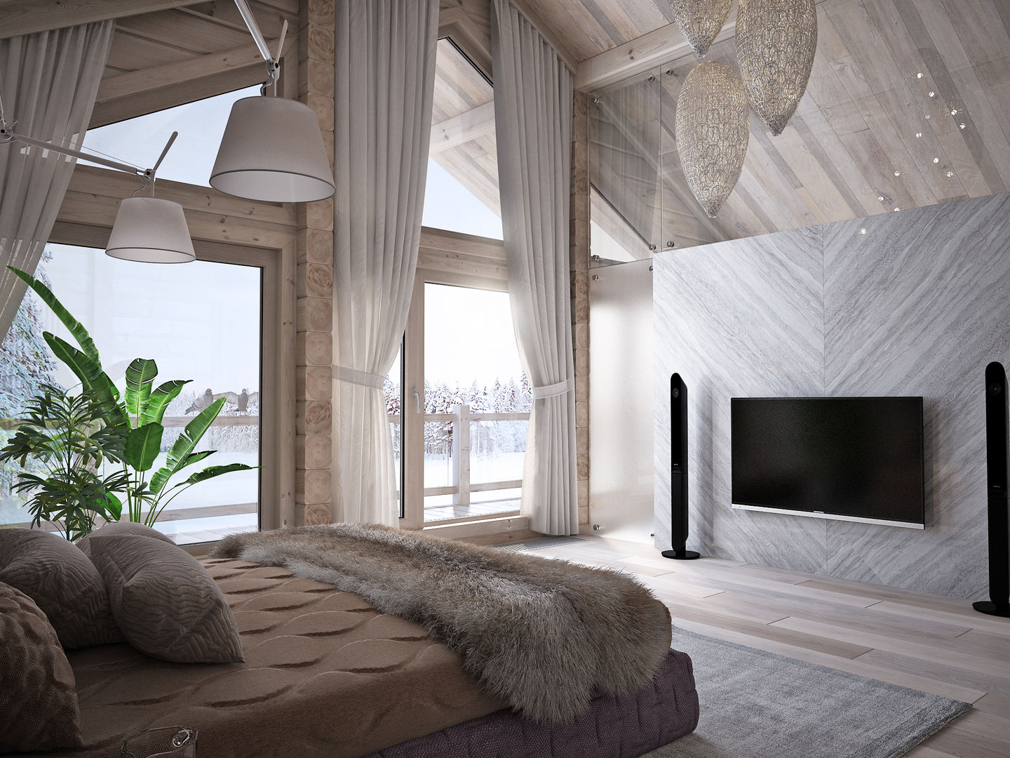 Загородный дом из бруса, премиум интериум премиум интериум Minimalist bedroom