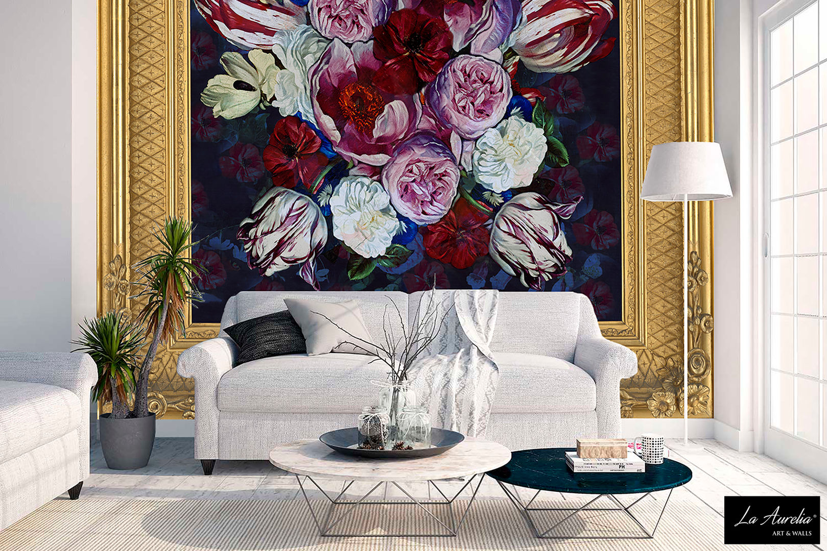 True Colors -Framed- wallpaper La Aurelia جدران wallpaper,wallcovering,wallcoverings,mural,wallart,design,flowers,floral,tulips,frame,gold,la aurelia,Wallpaper