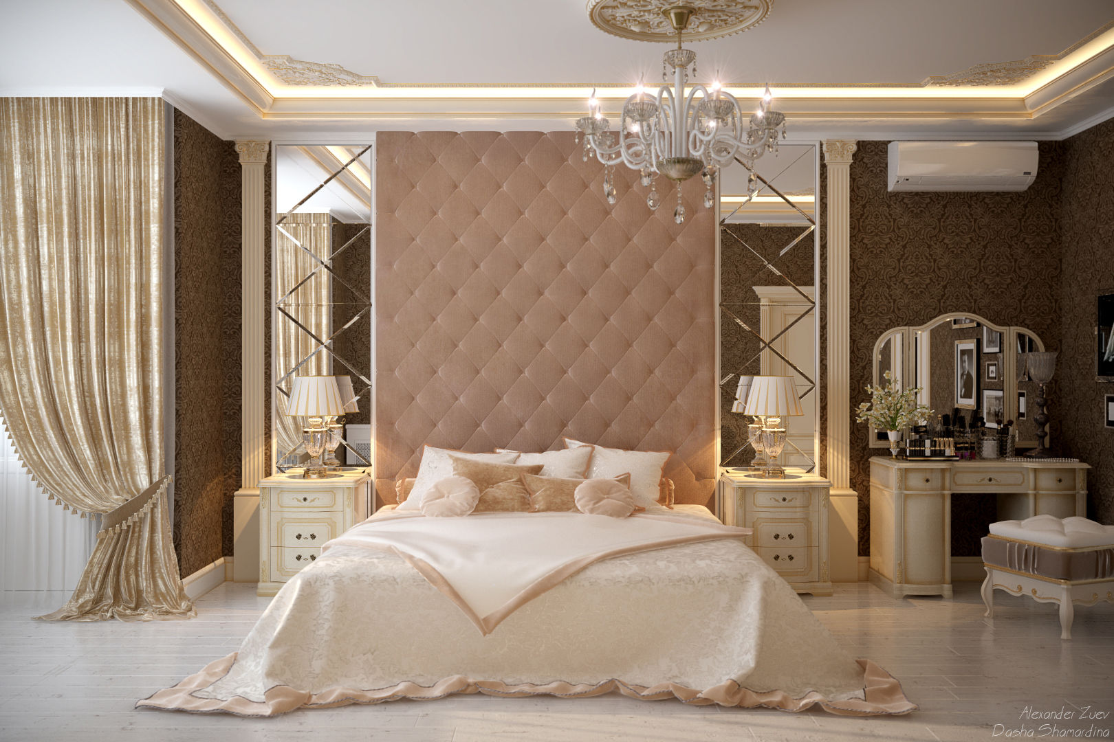 Дизайн спальни в классическом стиле в квартире в ЖК "Ливанский дом", г.Краснодар, Студия интерьерного дизайна happy.design Студия интерьерного дизайна happy.design Quartos clássicos