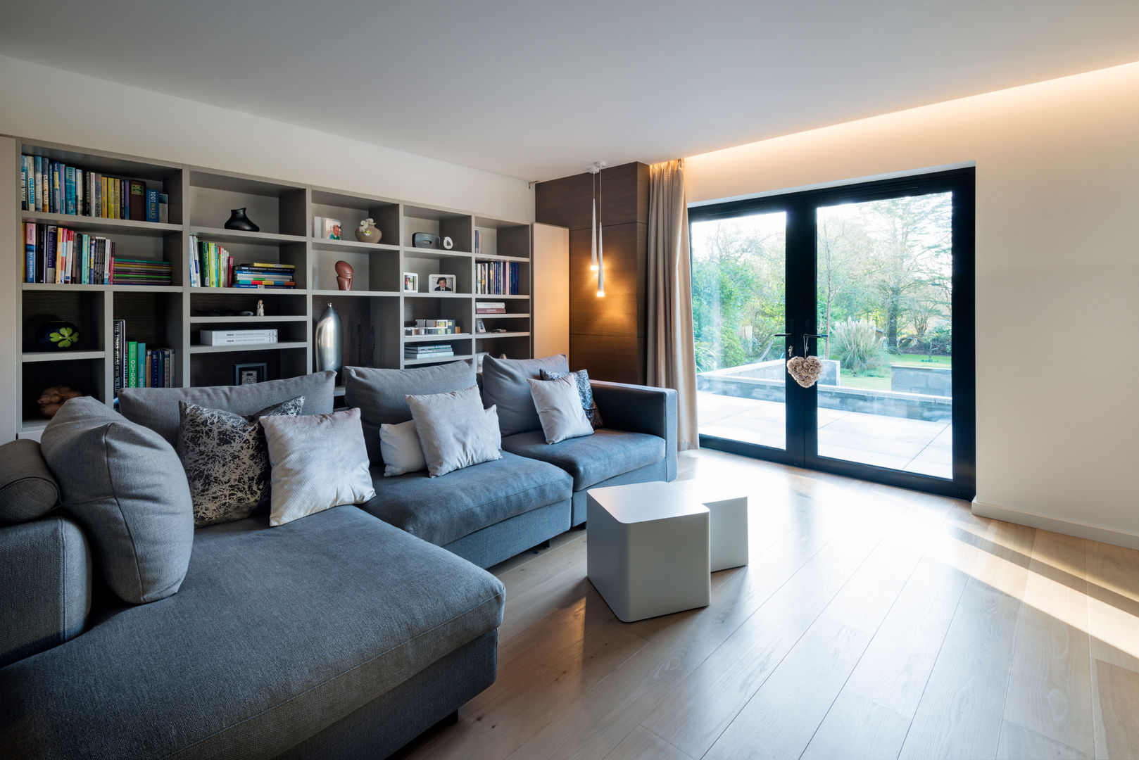 White Oaks Snug/Living Area Barc Architects Modern living room grey sofa,large glass doors,bookshelves,contemporary,modern,living room,snug,cosy,grey