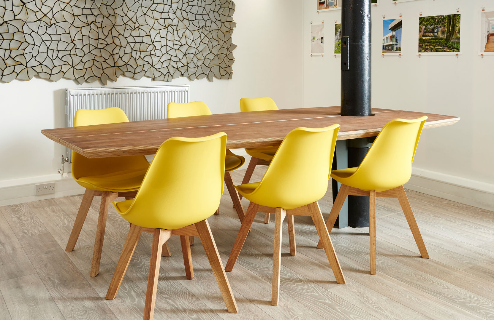 Hems Studio Specially Designed Meeting Table Barc Architects Commercial spaces Wood Wood effect meeting table,conference table,yellow chairs,cantilever,contemporary,modern,meeting room,wooden table,Office spaces & stores