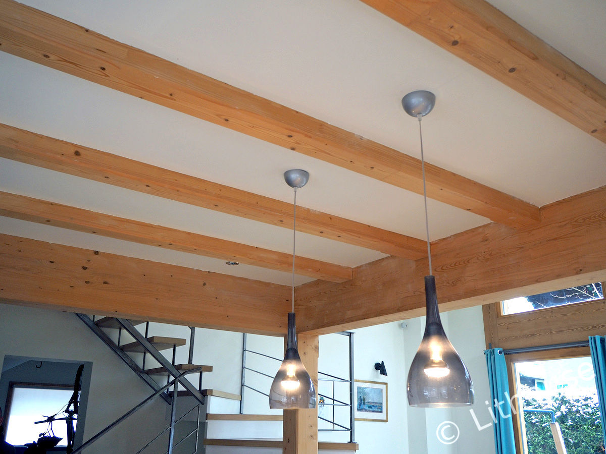 Ceiling in the Kitchen: Plasterboard With Beams Namas Kitchen Solid Wood Multicolored ceiling,ceiling lamp,kitchen lighting,lighting,wood beams