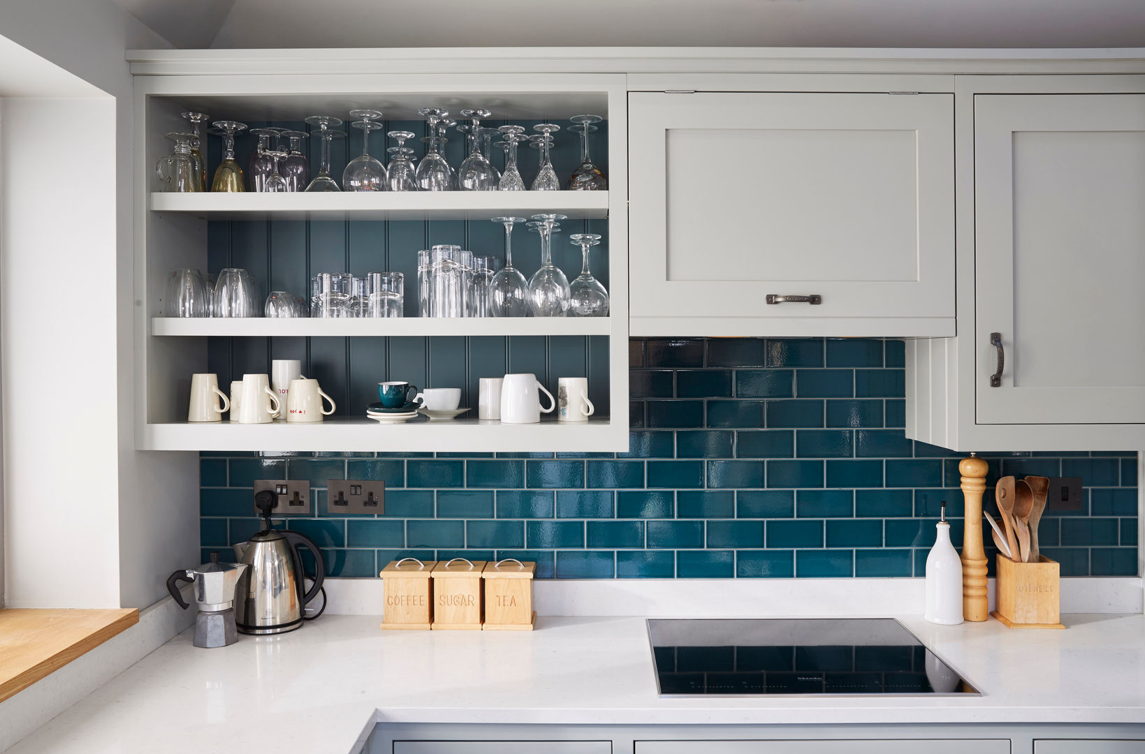 Friern Barnet 1 Laura Gompertz Interiors Ltd Kitchen lamproom grey,bespoke kitchen,contemporary,blue tiles,open shelving