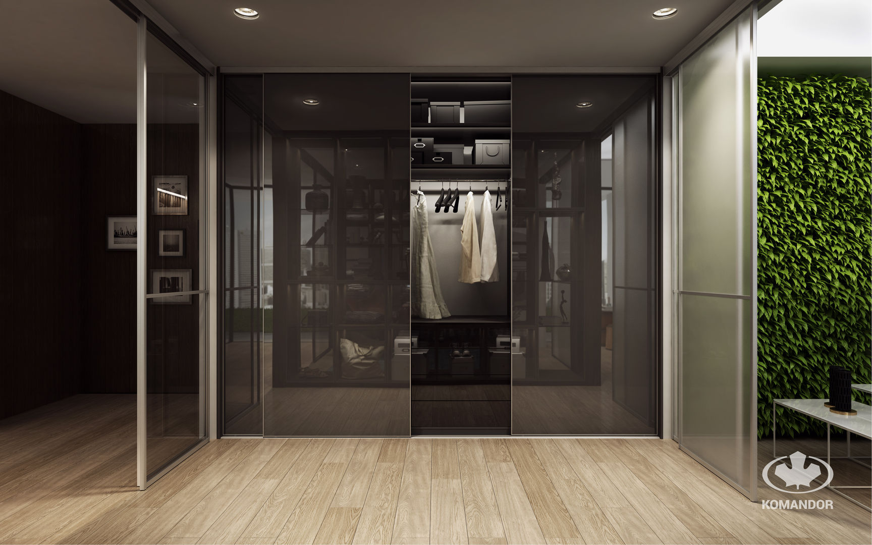 Sypialnia połączona z garderobą, Komandor - Wnętrza z charakterem Komandor - Wnętrza z charakterem ห้องแต่งตัว กระจกและแก้ว
