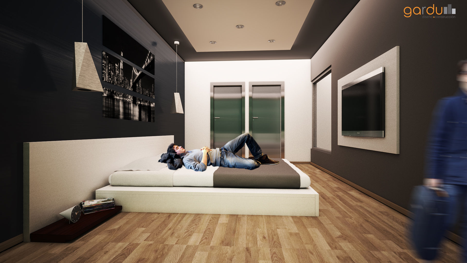 Recamara Moderna GarDu Arquitectos Dormitorios minimalistas Piedra recamara,recamara moderna,recamara negra,pisos de madera