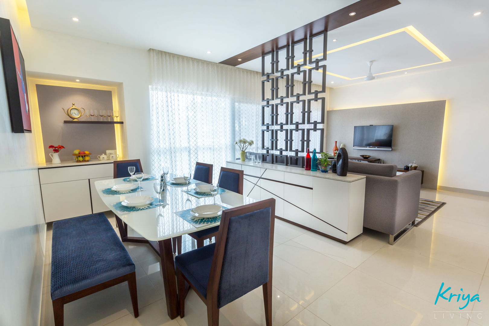 3 BHK apartment - RMZ Galleria, Bengaluru, KRIYA LIVING KRIYA LIVING Modern dining room Table,Furniture,Picture frame,Building,Chair,Couch,Interior design,Desk,Living room,Floor