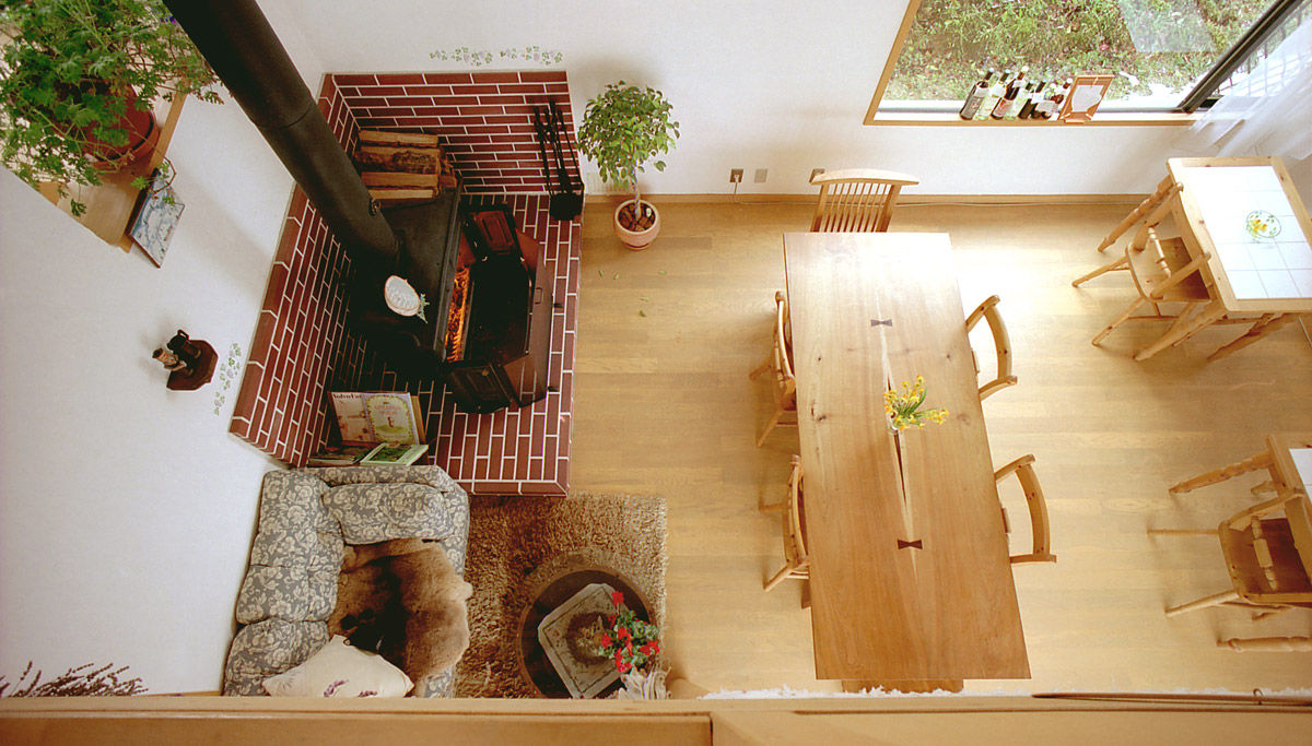 ２階ロフトから居間 竹内建築設計事務所 モダンデザインの リビング 植物,木,観葉植物,インテリア・デザイン,建物,床,フローリング,壁,階段,家