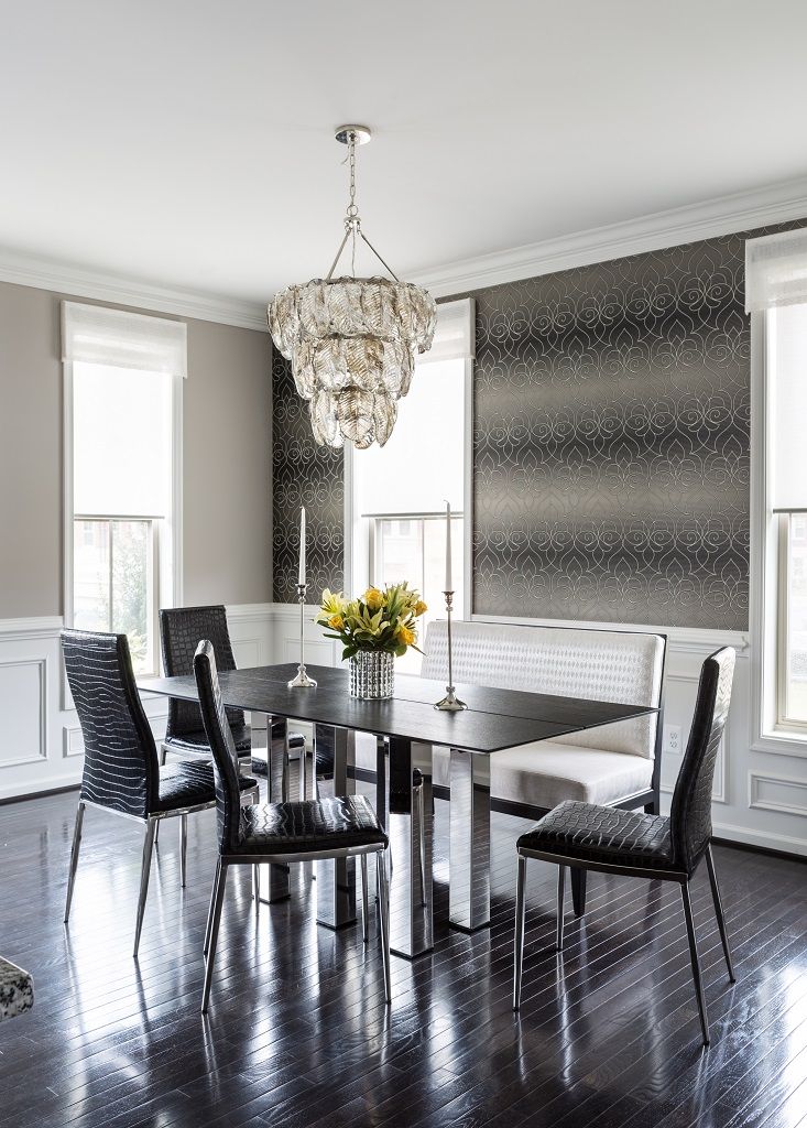 Viva Vogue - Dining Room Lorna Gross Interior Design Modern Dining Room wallpaper,modern,contemporary,gray,croc,chendlier,grey,chic,black leather