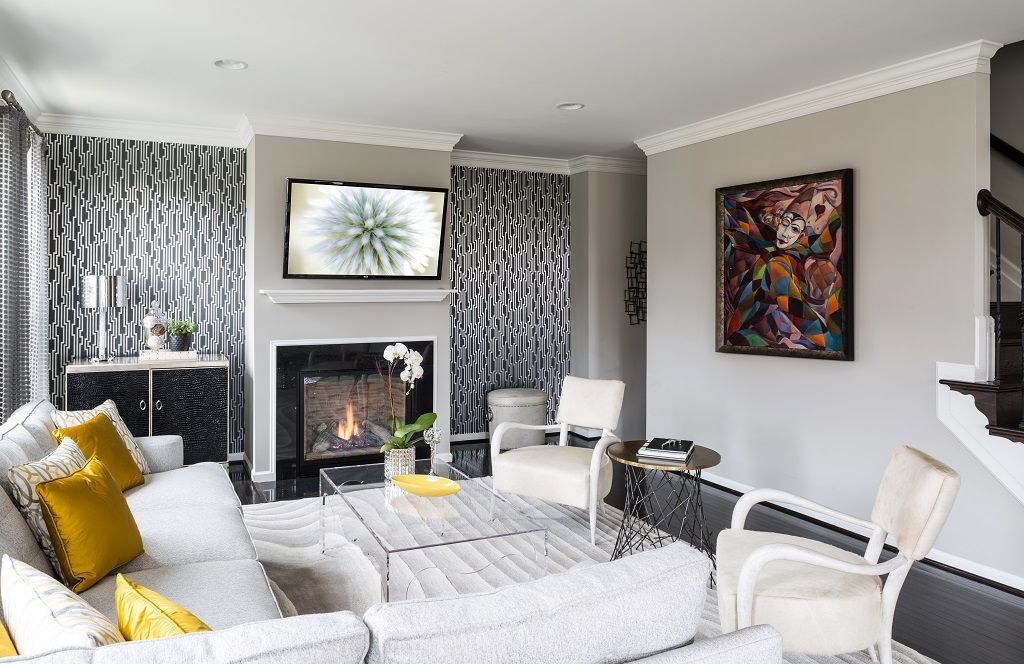 Viva Vogue - Living Room Lorna Gross Interior Design Modern Living Room gray,grey,contemporary,white,sectional,hair on hide,wallpaper,fireplace,candice olson,tree