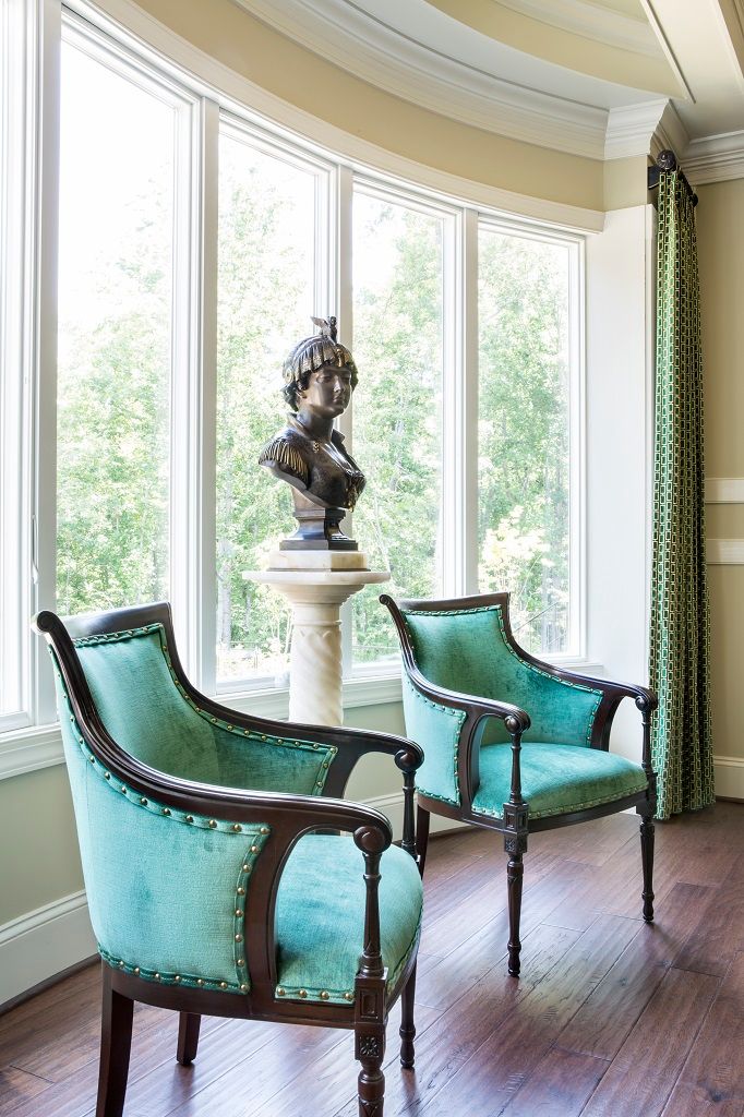Riverside Retreat - Library Detail homify Study/office green,green velvet,green chair,bust,bronze,pedestal,marble,nailhead,custom drapery,green curtain