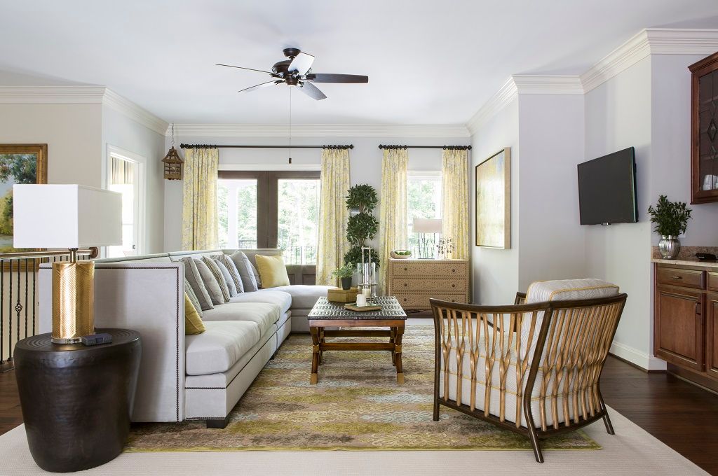 Riverside Retreat - Family Room Lorna Gross Interior Design Living room yellow,sectional,croc,yellow rug,custom drapery,yellow curtains,nailhead,gray couch