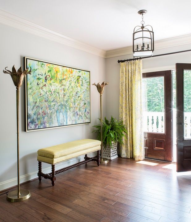 Riverside Retreat - Family Room Hall homify Living room large artwork,art,yellow,custom drapery,yellow curtains,balcony,floor lamp,abstract,nailhead