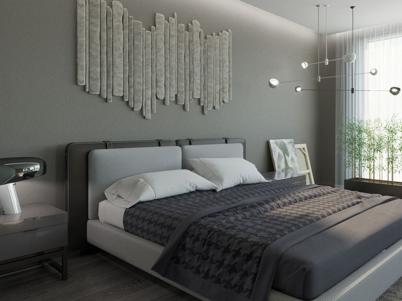 Гарнэ ДОМ СОЛНЦА Спальня в стиле минимализм плоская крыша,прикроватный столик,двуспальная кровать,комнатные растения,комнатная перегородка,деревянный пол,постельное белье