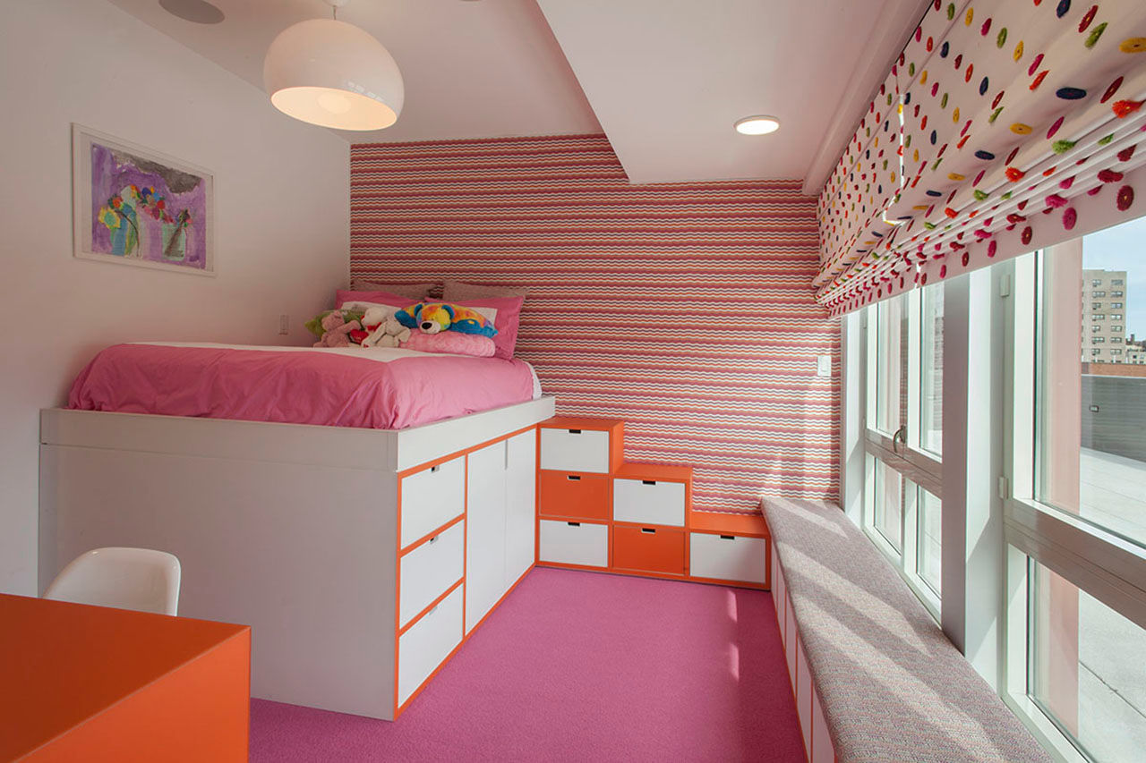 W 87th St Penthouse, Eisner Design Eisner Design Modern Bedroom kid's bedroom,colorful wallpaper,trunk bed