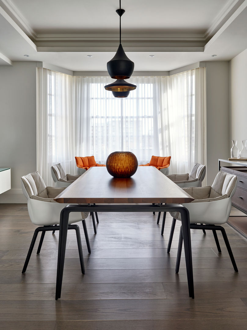 Dining room Morph Interior Ltd Comedores modernos table,dining,chair,tom dixon,wooden floor,timber,pendent,lights