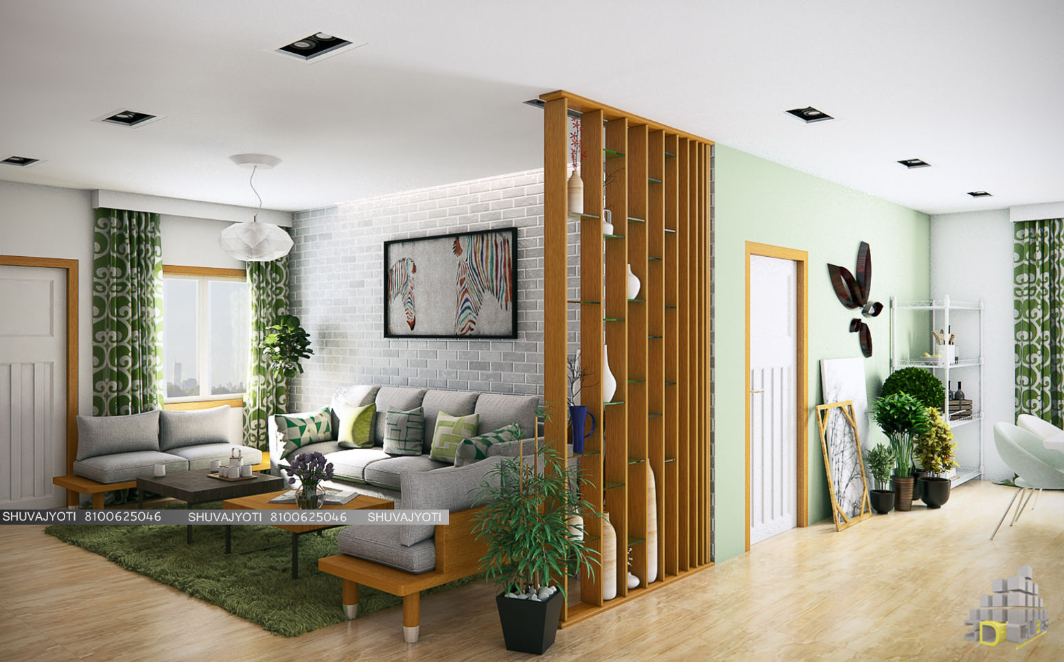 3D VISUALIZATION, FREELANCE FREELANCE Scandinavian style living room Bricks Plant,Property,Table,Furniture,Couch,Houseplant,Green,Interior design,Shade,Wood