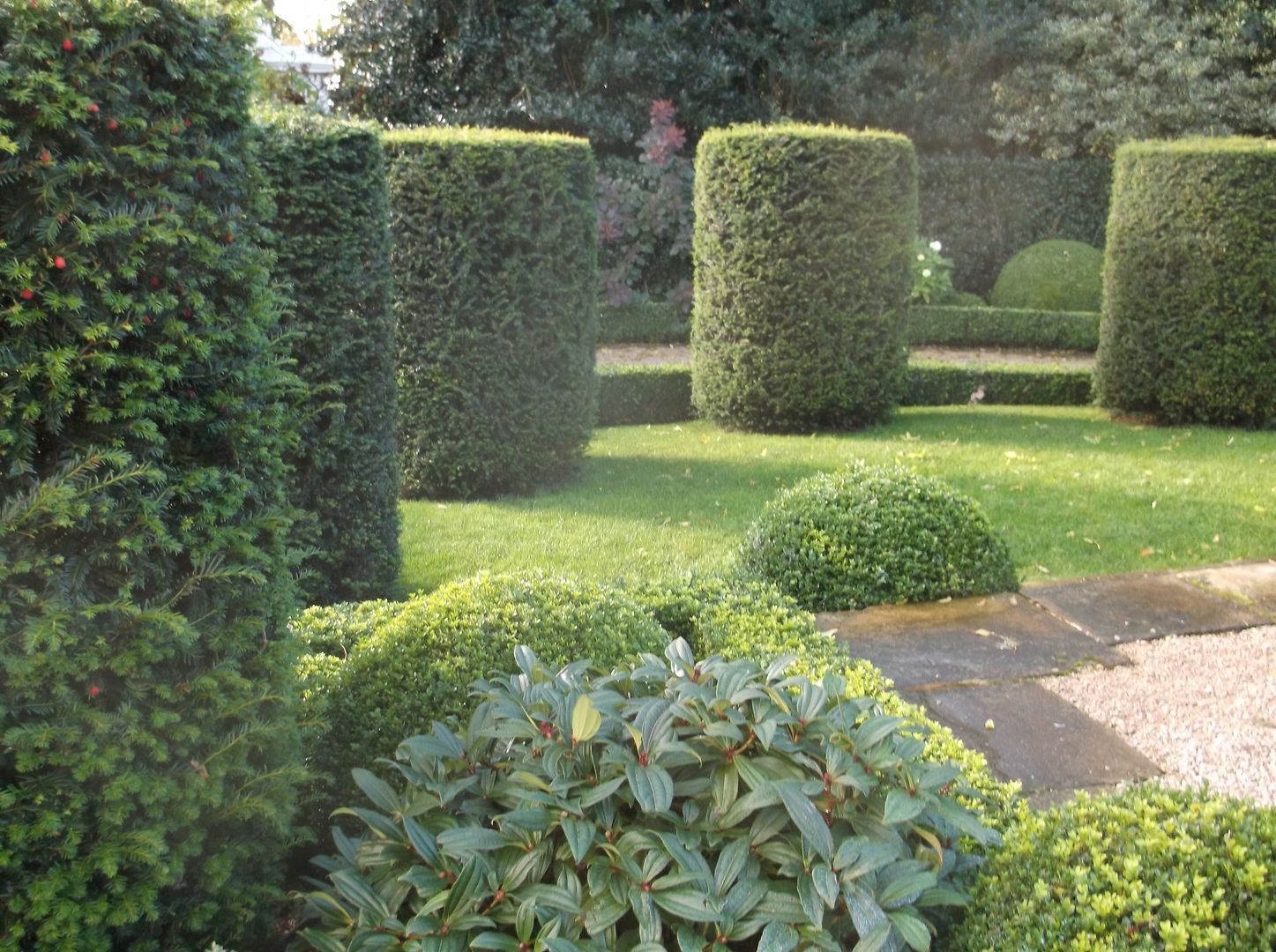 A Bowdon Garden Charlesworth Design Classic style garden yew cylinders,topiary,lawns,formalgarden,classicgarden,bowdon,bowdon garden,box balls,terrace