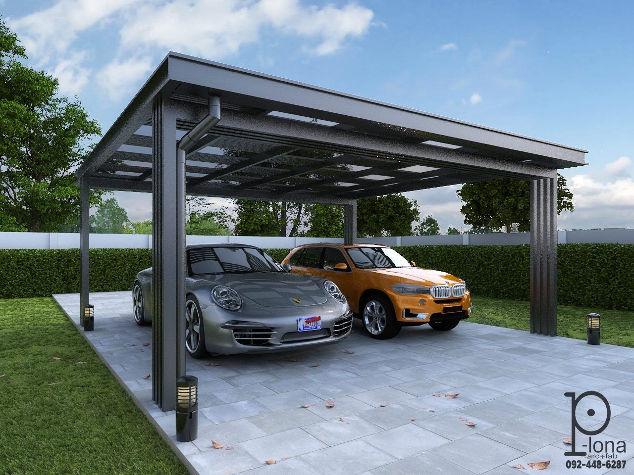 โรงจอดรถหลังคาโพลี่คาร์บอเนตแผ่นตันเรียบ, P-lona P-lona Garage/Rimessa in stile moderno Ferro / Acciaio