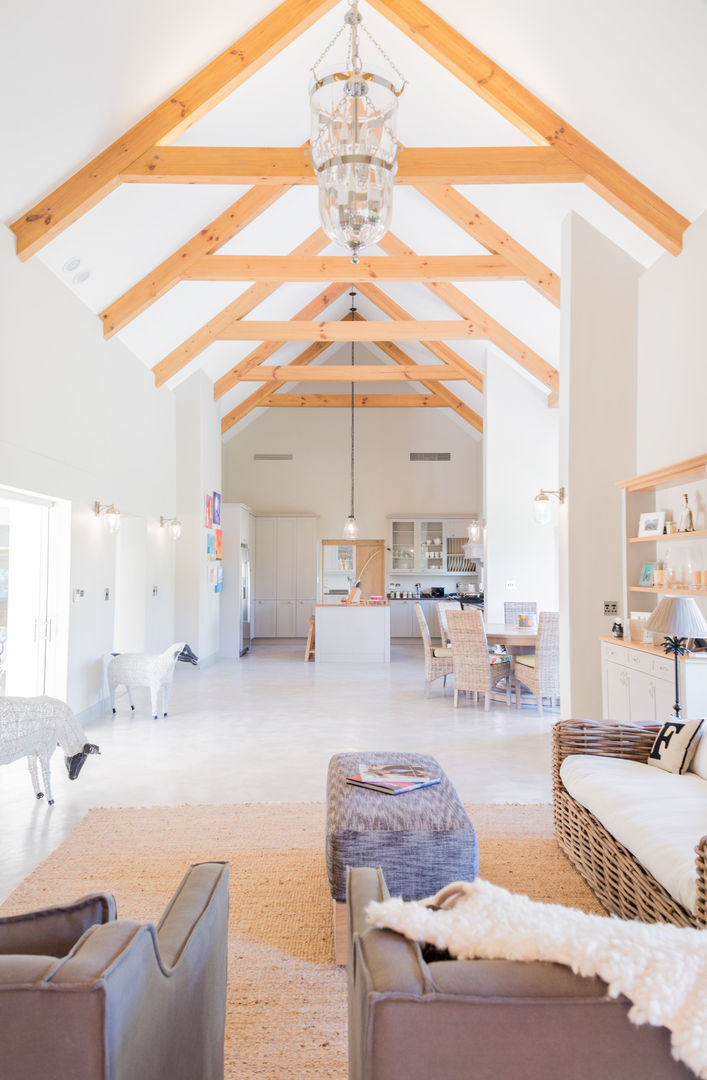 Open plan living room/dining/kitchen Tim Ziehl Architects Living room Open Plan,Exposed Trusses,Treated Timber Truss,Double Volume Space,concrete flooring