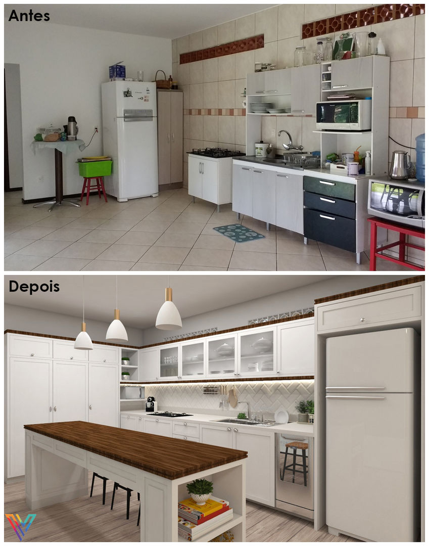 Antes e depois - Cozinha Vitral Studio Arquitetura Cozinhas clássicas Branco