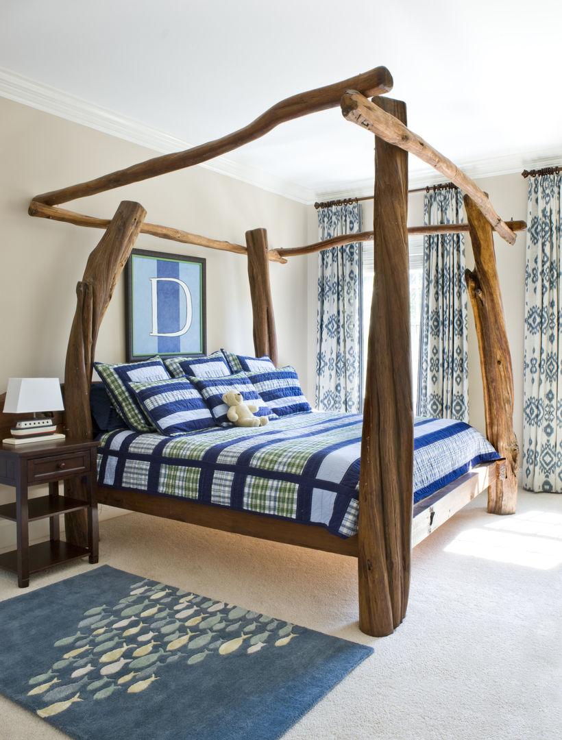 Next Generation - Boys Room Lorna Gross Interior Design Classic style bedroom blue,fish,canopy bed,custom bed,boys room,custom treatments,ikat,sophisticated,fun,plaid,high end