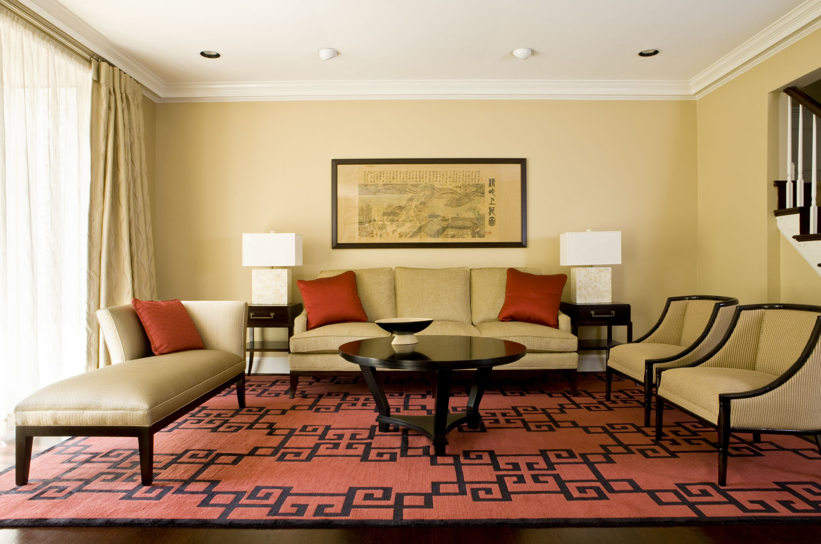 Shanghai Chic - Living Room Lorna Gross Interior Design Living room red,asian rug,asia,red pillows,neutral,beige,chic,custom,high end,sophisticated,asian print