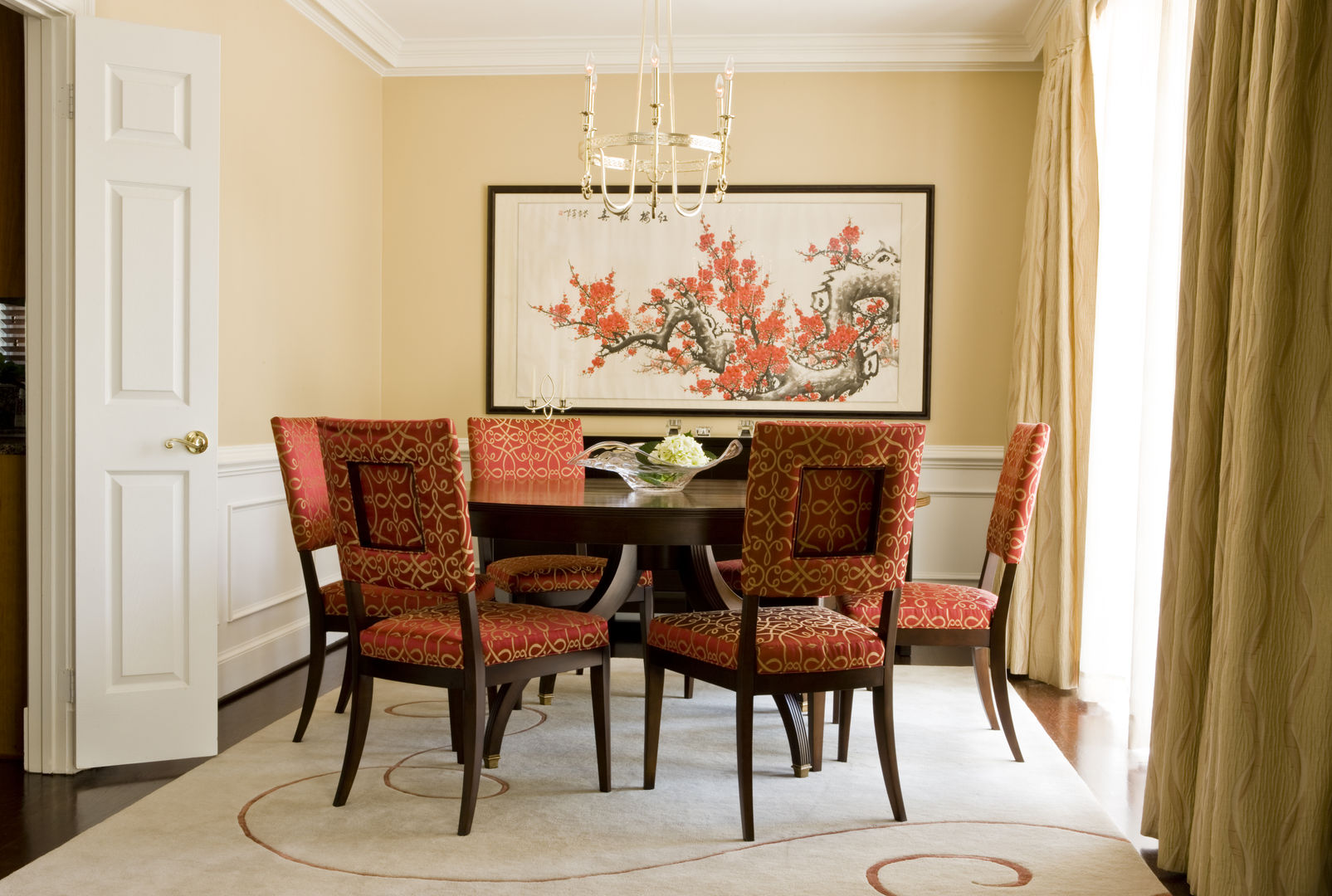 Shanghai Chic - Dining Room Lorna Gross Interior Design Asian style dining room asian,red,round dining,asian print,neutral rug,chandelier,custom,chic,high end,sophisticated