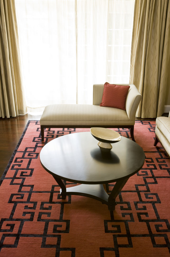 Shanghai Chic - Detail Lorna Gross Interior Design Living room red,asian,chic,sophisticated,chaise,beige,neutral,red rug,custom,high end,clean