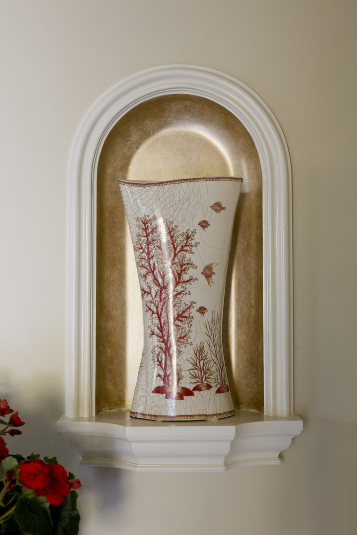 Caribbean Dream - Niche Detail Lorna Gross Interior Design Classic style corridor, hallway and stairs coral,faux finish,gold,elegant,vase,high end,red,fish,caribbean,chic,sophisticated,classic