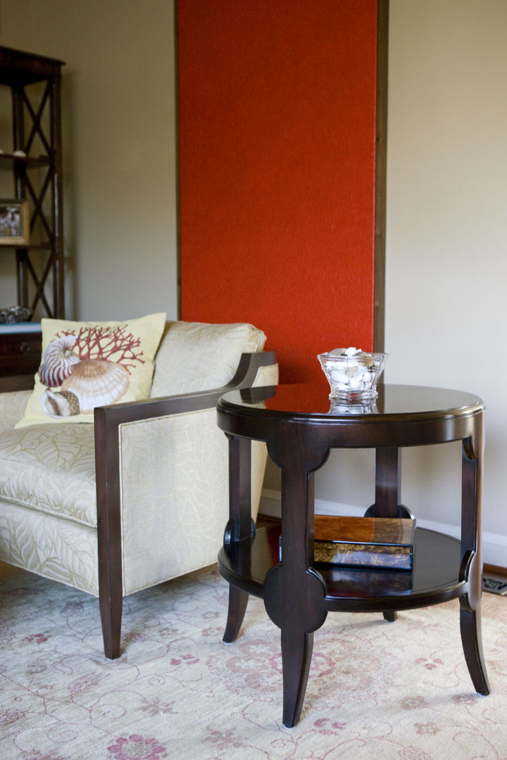 Caribbean Dream - Living Room Vignette Lorna Gross Interior Design Living room red,red art,contemporary art,caribbean,coral,chic,high end,custom,classic,dark wood,exposed wood