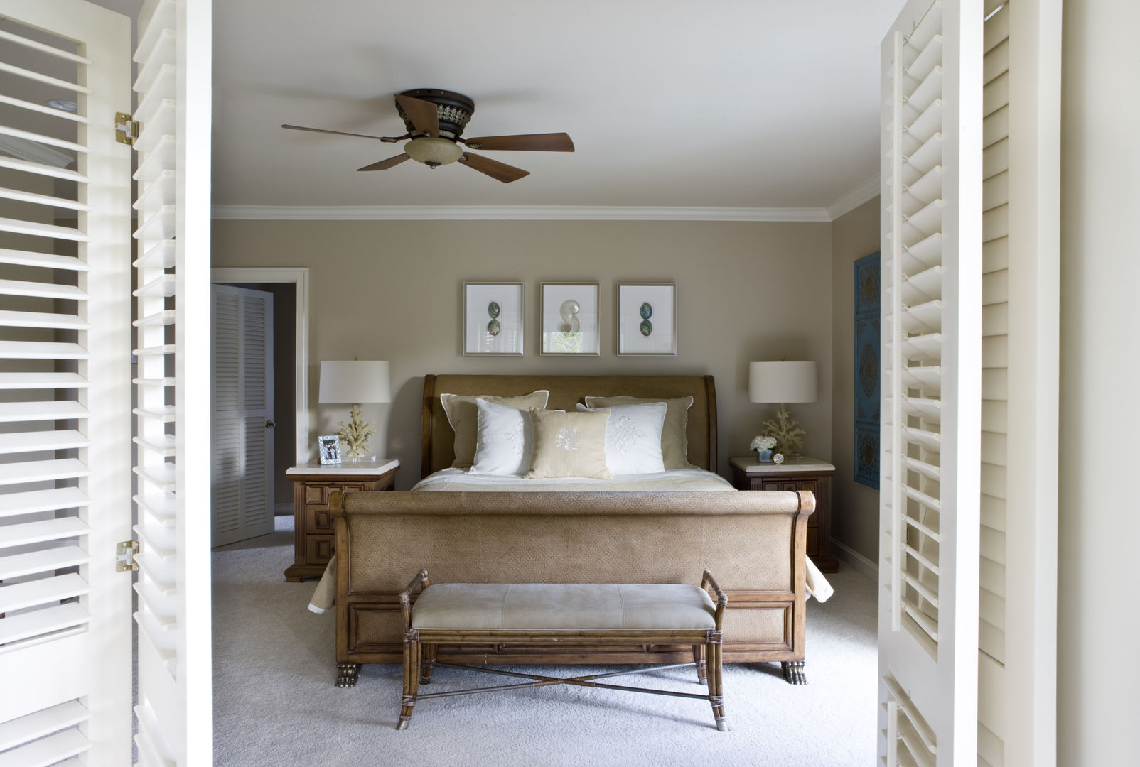 Caribbean Dream - Bedroom Lorna Gross Interior Design Tropical style bedroom teal,shells,caribbean,plantation shutters,woven headboard,ceiling fan,bench,coral,chic,sophisticated,beige